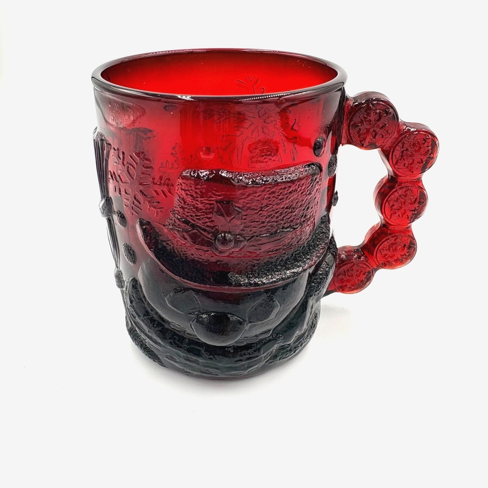 Vintage 1950s Arcoroc Snowman & Snowflakes Ruby Red Glass Mug – France Christmas